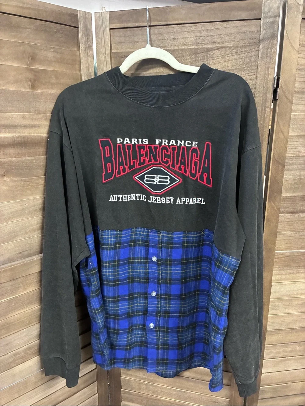 Balenciaga Black Sweatshirt with Blue Plaid Button-Front Panel - Picture 1 of 6